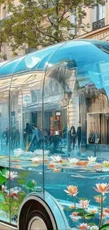 Transparent bus with floral decor in urban setting