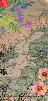 Vintage map with toy car and flowers wallpaper.