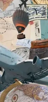 Collage of travel icons including airplane, maps, and luggage.