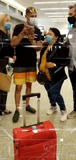 Group of travelers at airport with suitcases.