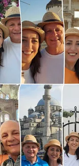 Collage of travel photos with smiling people and famous landmarks.