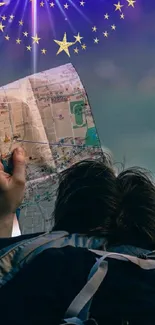 Traveler reading map under a starry night sky.