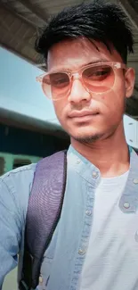 Man in sunglasses at a railway platform with a blue sky background.