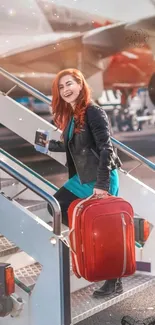 Joyful traveler climbing airplane stairs with suitcase.