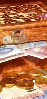 Wooden box overflowing with Euro notes and coins, showcasing wealth and luxury.
