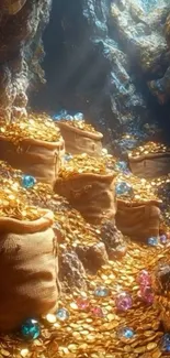 Fantasy cave with sacks of gold and colorful gems.