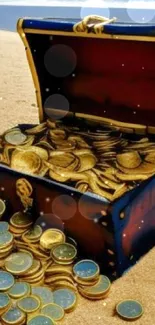 Open treasure chest with gold coins on sunny beach.