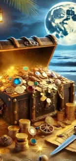 Treasure chest filled with gold coins under moonlit sky by the ocean.