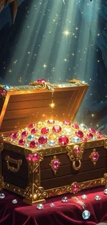 Open treasure chest filled with golden jewels in a cave