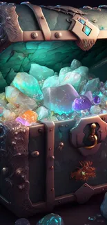 Fantasy treasure chest with glowing gems in teal hue.