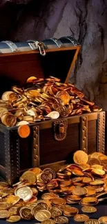 An open treasure chest overflowing with gold coins in a dimly lit cave.