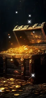 Open treasure chest filled with gold coins in a dark cave setting.