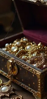 Open treasure chest with ornate gold jewelry.