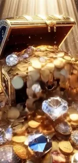 Mobile wallpaper of an overflowing treasure chest with coins and jewels.
