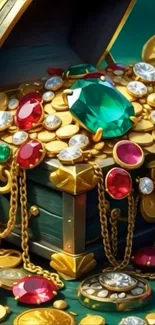 Treasure chest overflowing with colorful gems and gold coins.