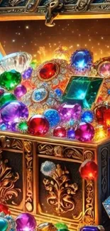 A treasure chest brimming with colorful gems and jewels.