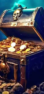 A mysterious underwater treasure chest filled with gold coins.