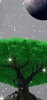 Fantasy wallpaper with a green tree under a moonlit sky and falling snowflakes.