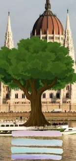 Large tree in front of a European cathedral with scenic river view.