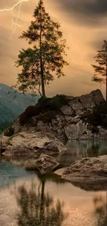 Lightning strikes above trees on a rocky island reflecting in a lake.