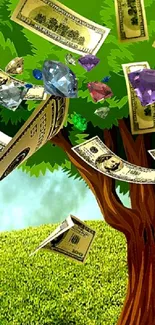 Colorful money tree with gems on a green backdrop.