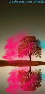 Artistic tree reflection under a colorful night sky.