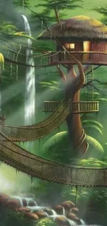 Enchanted forest treehouse with waterfalls and lush greenery.