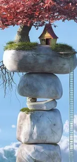 Whimsical treehouse atop stacked floating rocks against a dreamy sky.