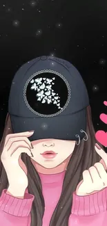 Animated girl in black cap with hearts, wearing pink sweater.