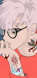 Anime character with tattoos and glasses in coral red scheme.