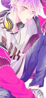 Anime character in pink streetwear with purple hair, wearing headphones.