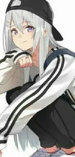 Anime character in trendy outfit with cap and white hair crouching stylishly.