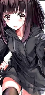 Anime girl in black hoodie, trendy design.