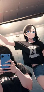 Anime girls taking selfies in trendy bathroom wallpaper.