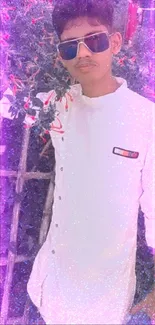 Person in white outfit with neon purple light effect.