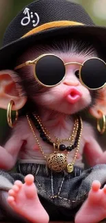 Trendy baby monkey with sunglasses and jewelry.