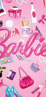 Vibrant Barbie pink wallpaper with stylish accessories.