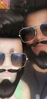 Funny beard filter with sunglasses on a quirky digital wallpaper.