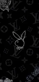 Black wallpaper with luxury logos and playful characters.