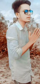 Young man wearing blue sunglasses in a natural setting.