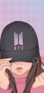 Artistic wallpaper of a person wearing a BTS cap on a pastel background.