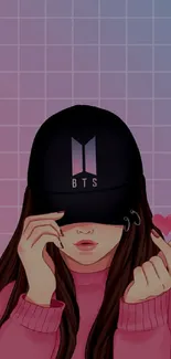 BTS inspired stylish girl with cap and heart gesture on a color gradient background.