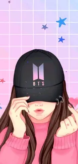 Anime girl with BTS hat and pink background wallpaper.