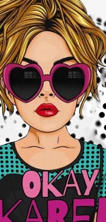 Stylish cartoon woman with heart glasses.