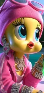 Trendy cartoon character with bling and pink attire drinking soda.