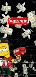 Cartoon character with cash and Supreme logo on black background.