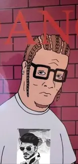 Cartoon character with braided hair and glasses against a brick wall.