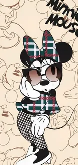 Playful cartoon character in trendy outfit on beige background.