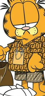 Trendy cartoon cat in fashionable outfit on mobile wallpaper.