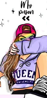 Colorful cartoon girl with cap and QUEEN shirt.